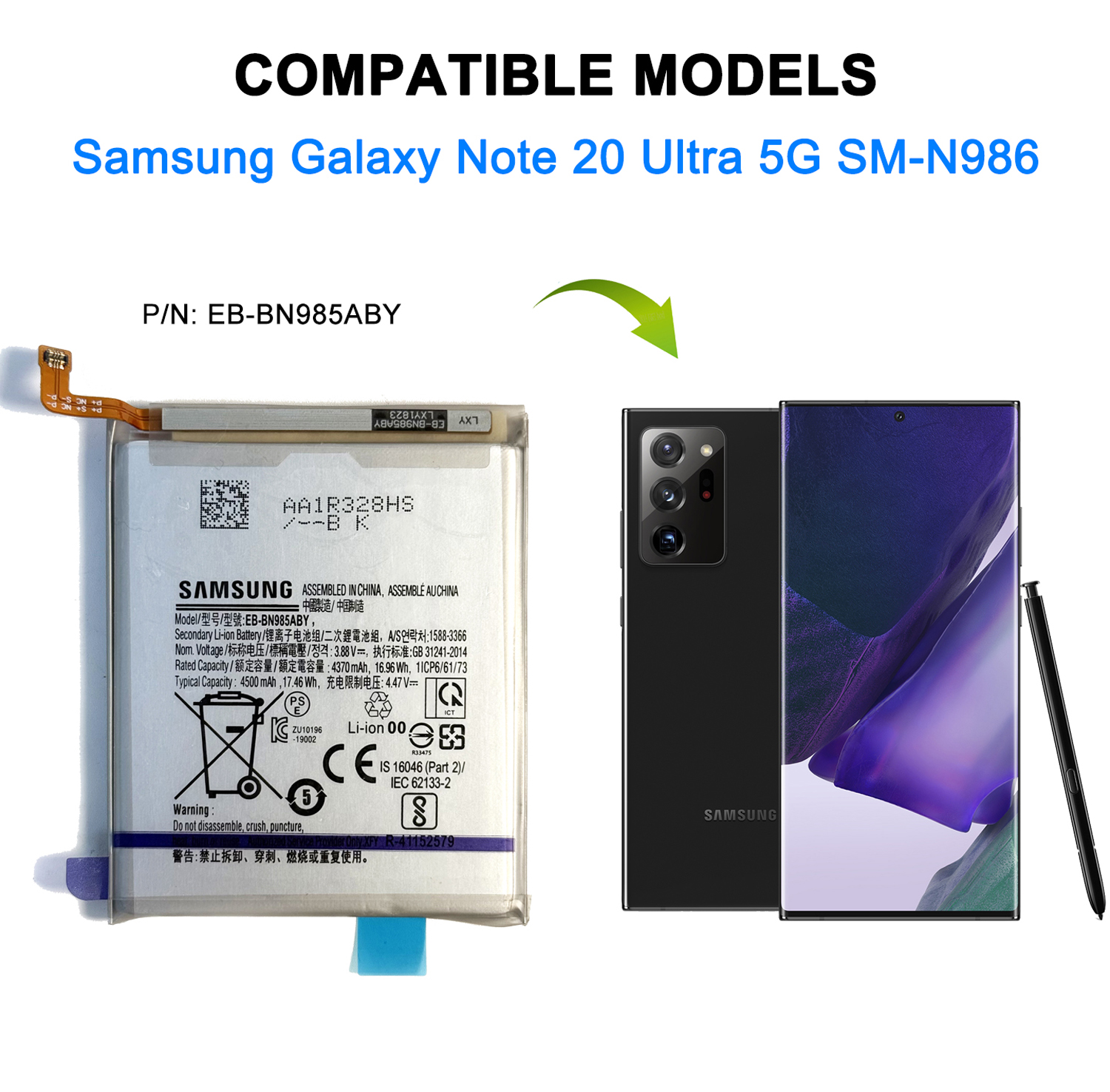 High quality battery Battery EB-BN985ABY Compatible with Galaxy Note 20 Ultra 5G SM-N985F SM-N986F SM-N986B/DS with Repair Tool Kit