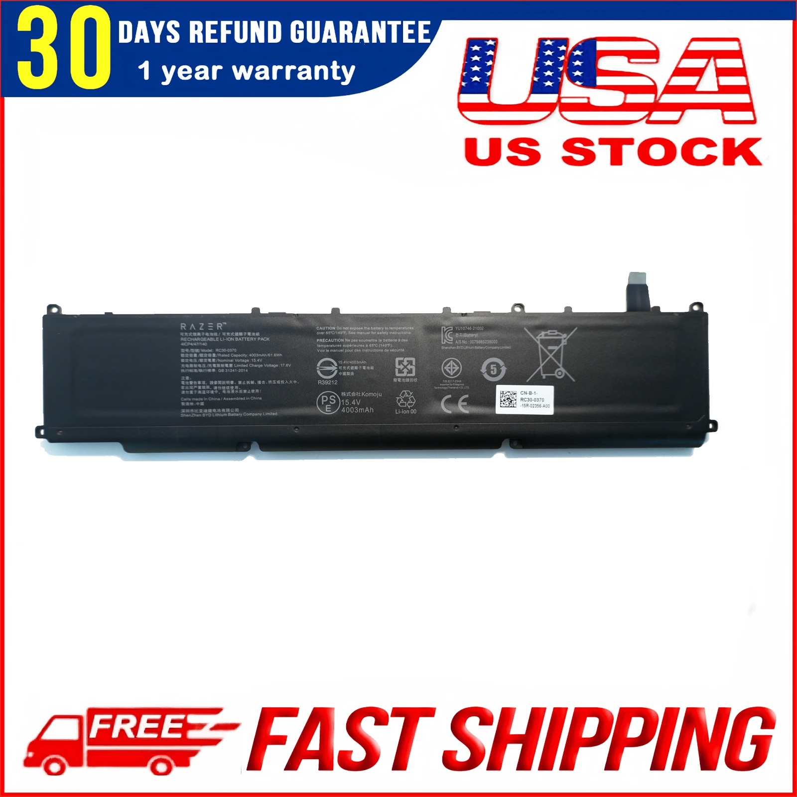 Genuine RC30-0370 Laptop Battery for Razer Blade 14 (2021–2022) | 61.6Wh 15.4V Replacement