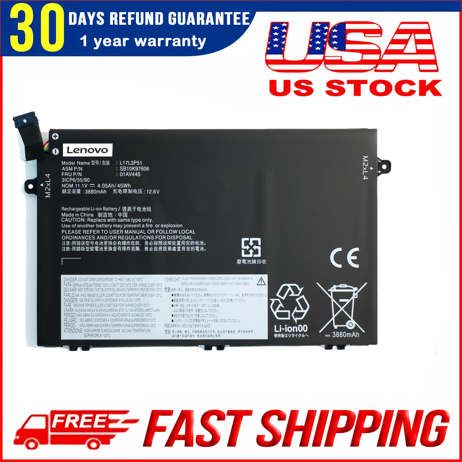 Shop the genuine Lenovo 11.1V 45Wh L17C3P51/L17L3P51/01AV445 laptop battery compatible with ThinkPad E480, E485, E490, E495, E580, E585, E590, E595, E14 Gen 1, E15 Gen 1, and E41 Series. Reliable performance, long-lasting power, perfect fit replacement.