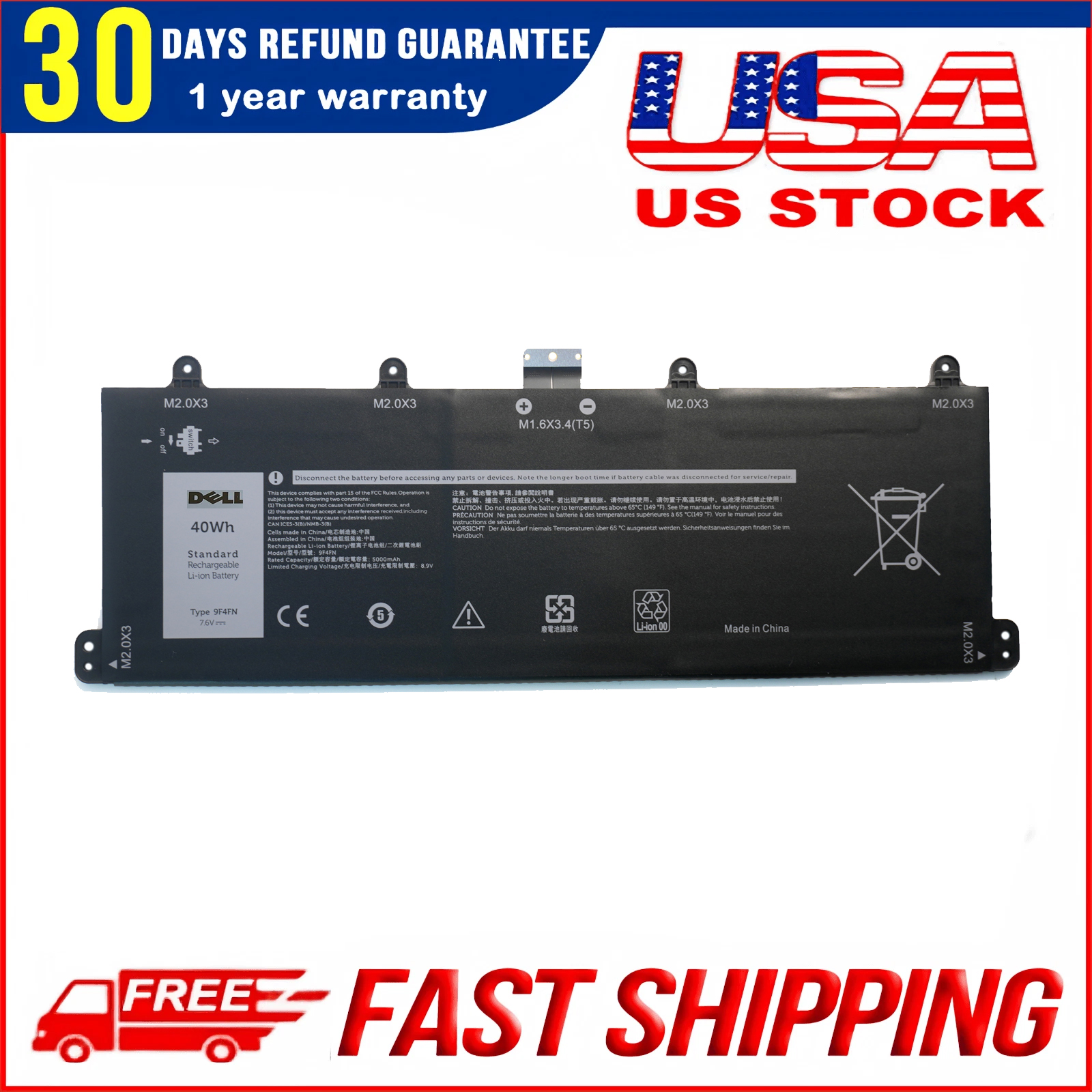 Genuine 9F4FN Laptop Battery 40Wh for Dell Latitude 7320 Detachable & Inspiron 14 3420 | 7.6V Replacement