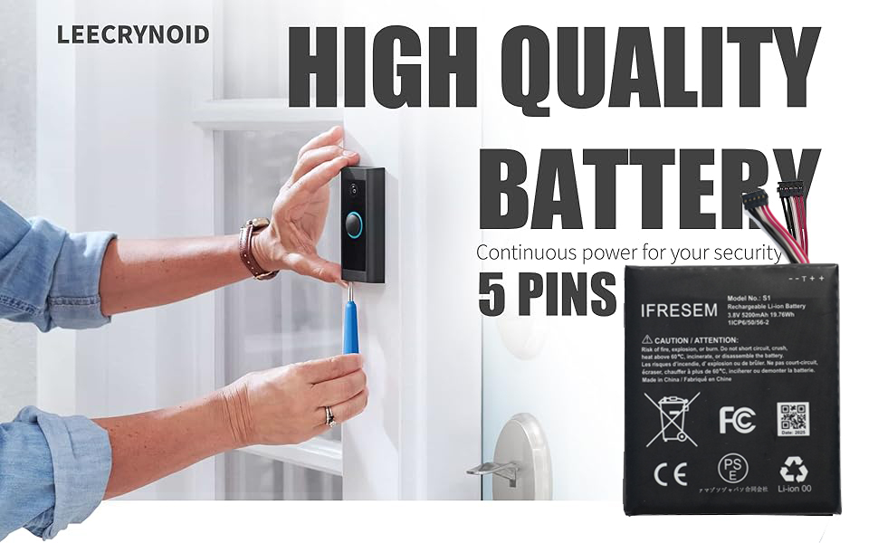 S1 (5-Pin) Internal Battery Replacement for Ring Video Doorbell 5 – 5200mAh 3.8V High-Capacity Plug-In Battery