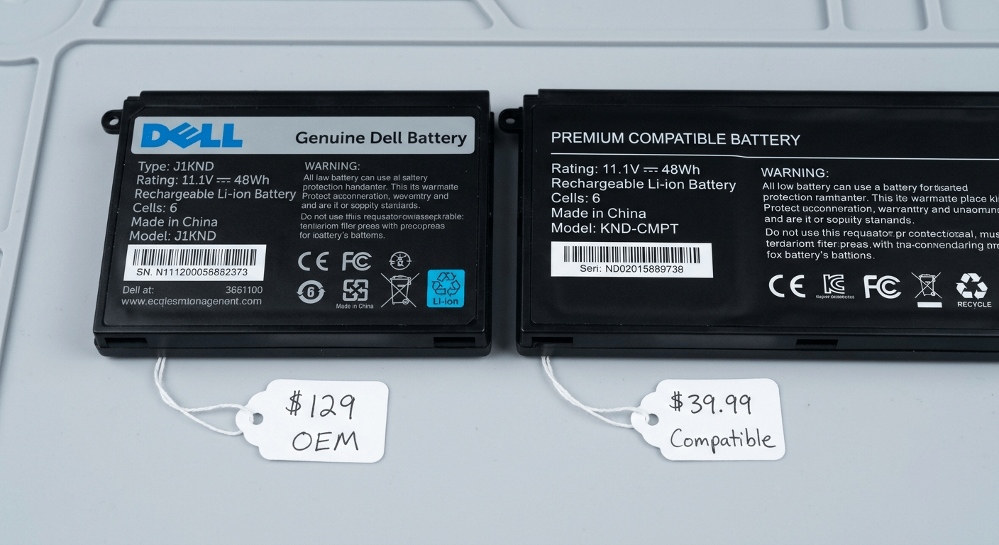 Two battery labels side by side — OEM (Dell) vs quality compatible — same voltage and Wh, different prices