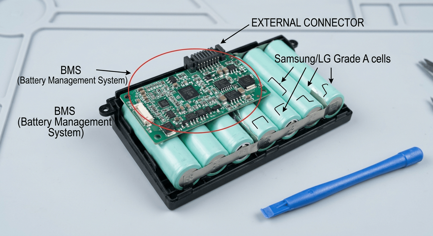 Teardown of a battery pack — BMS circuit board visible, annotated with function labels