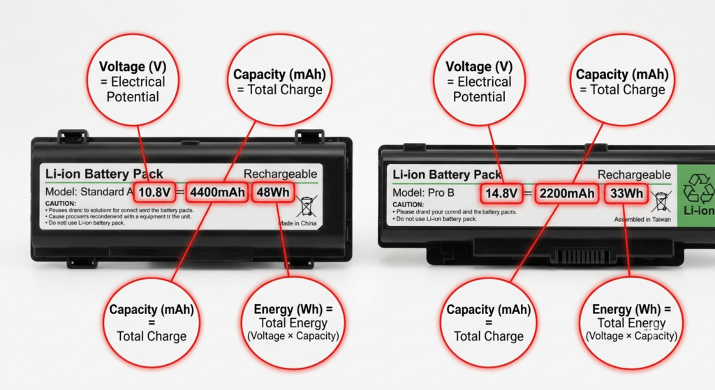 Two laptop batteries side by side — one labeled 10.8V 4400mAh 48Wh, the other 14.8V 2200mAh 33Wh — with specs highlighted