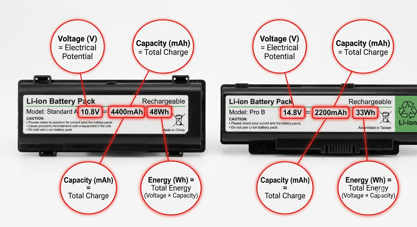 Two laptop batteries side by side — one labeled 10.8V 4400mAh 48Wh, the other 14.8V 2200mAh 33Wh — with specs highlighted