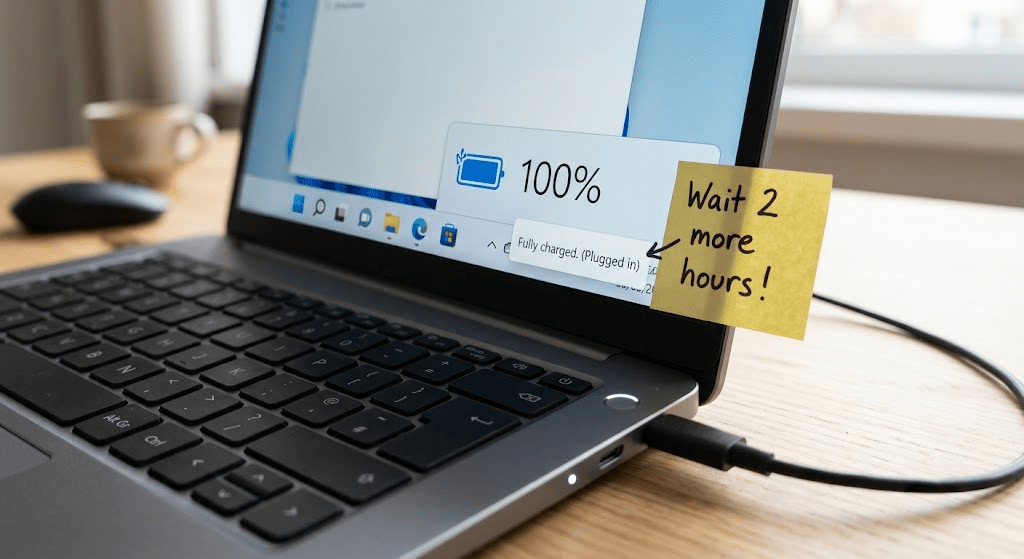 Laptop charging indicator showing 100% — with a note that it should stay plugged in 2 more hours
