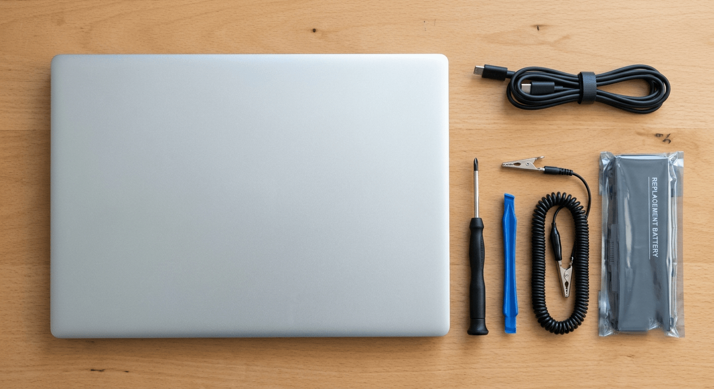 Laptop shut down, charger unplugged, tools laid out neatly — the correct starting state
