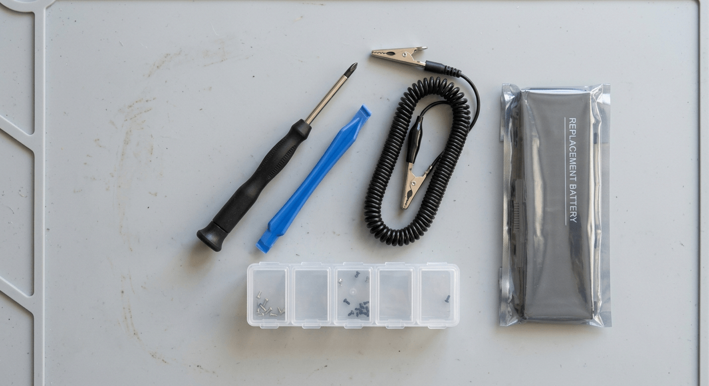 The four tools laid out on a mat — screwdriver, spudger, wrist strap, screw container
