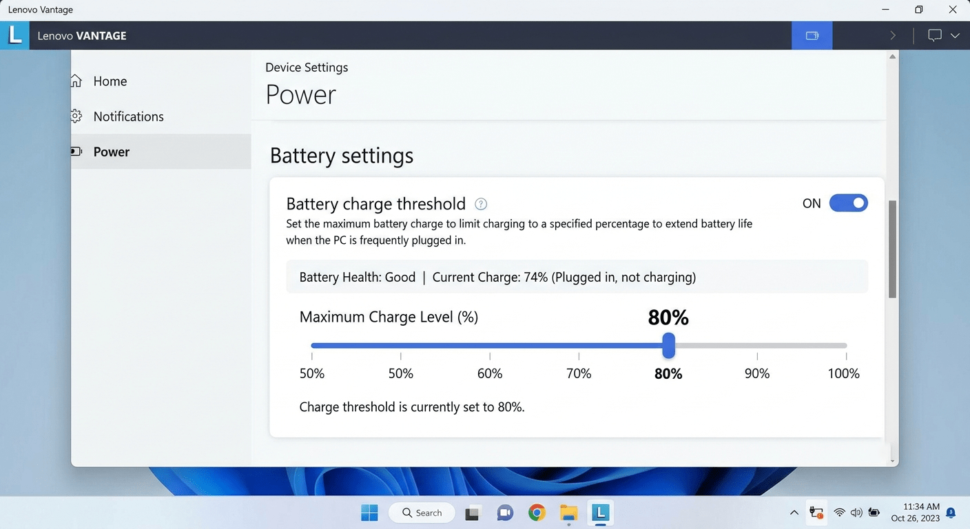 Lenovo Vantage or Dell Power Manager interface showing charge threshold set to 80%