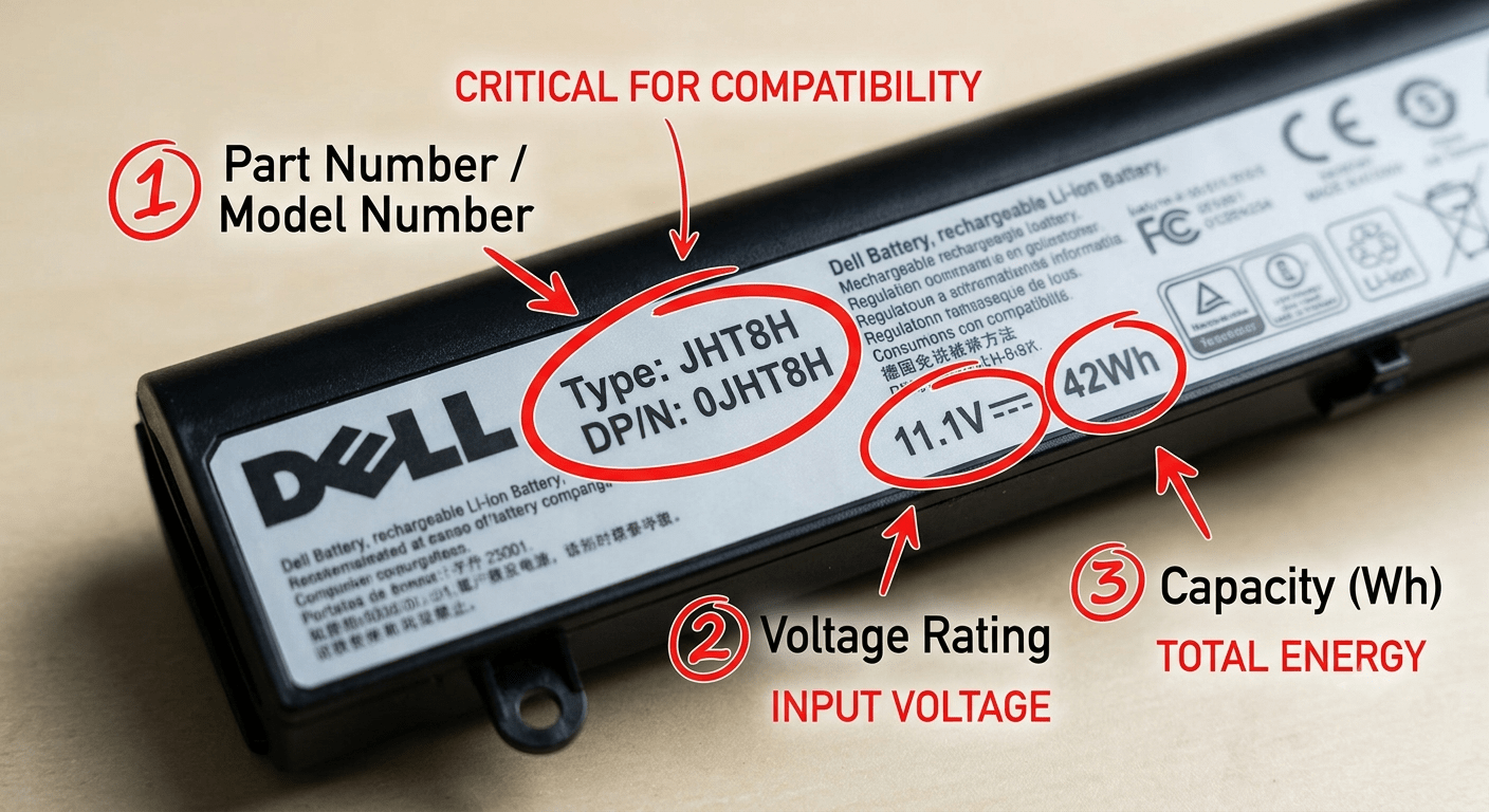 Close-up of a laptop battery label — part number, voltage, and Wh circled with annotations