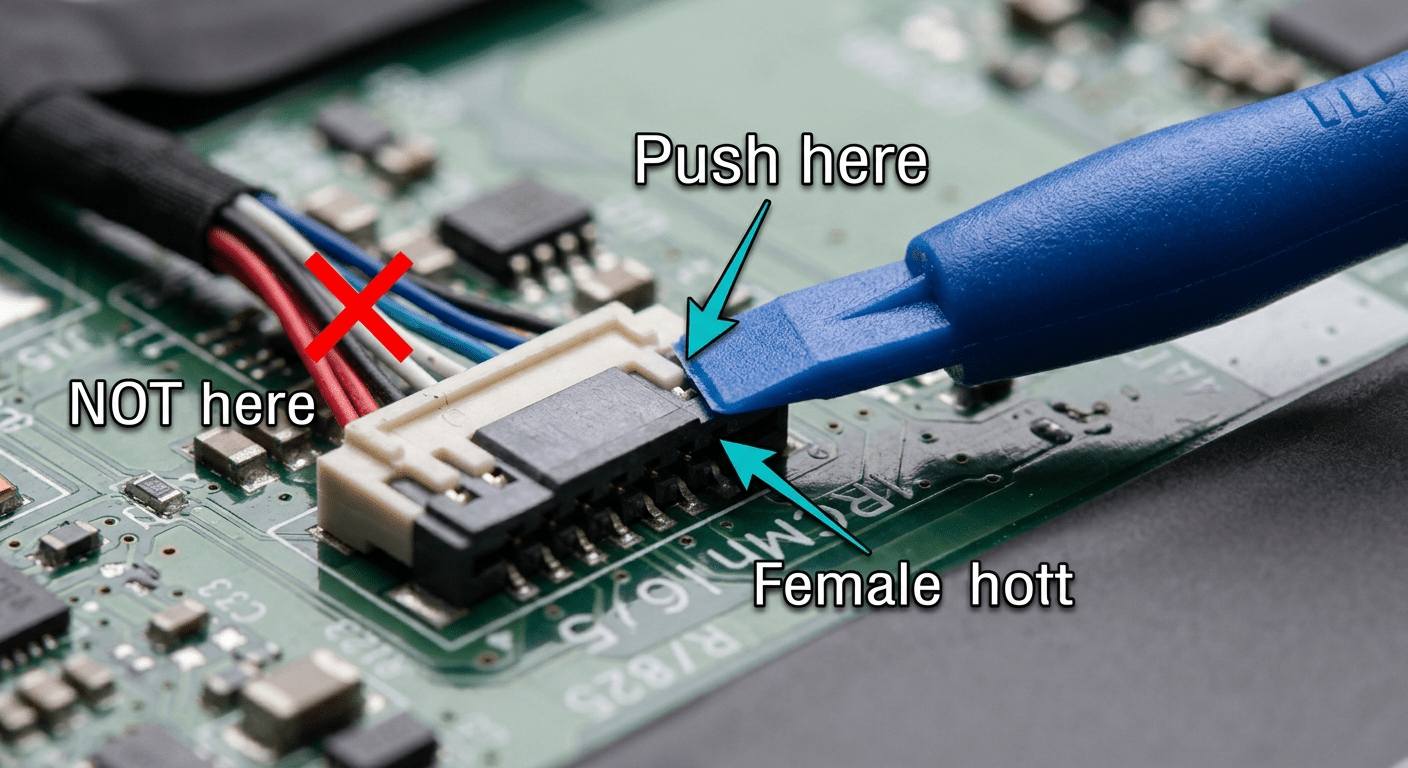 Close-up of spudger pushing the battery connector — annotated "Push here, not the wires"