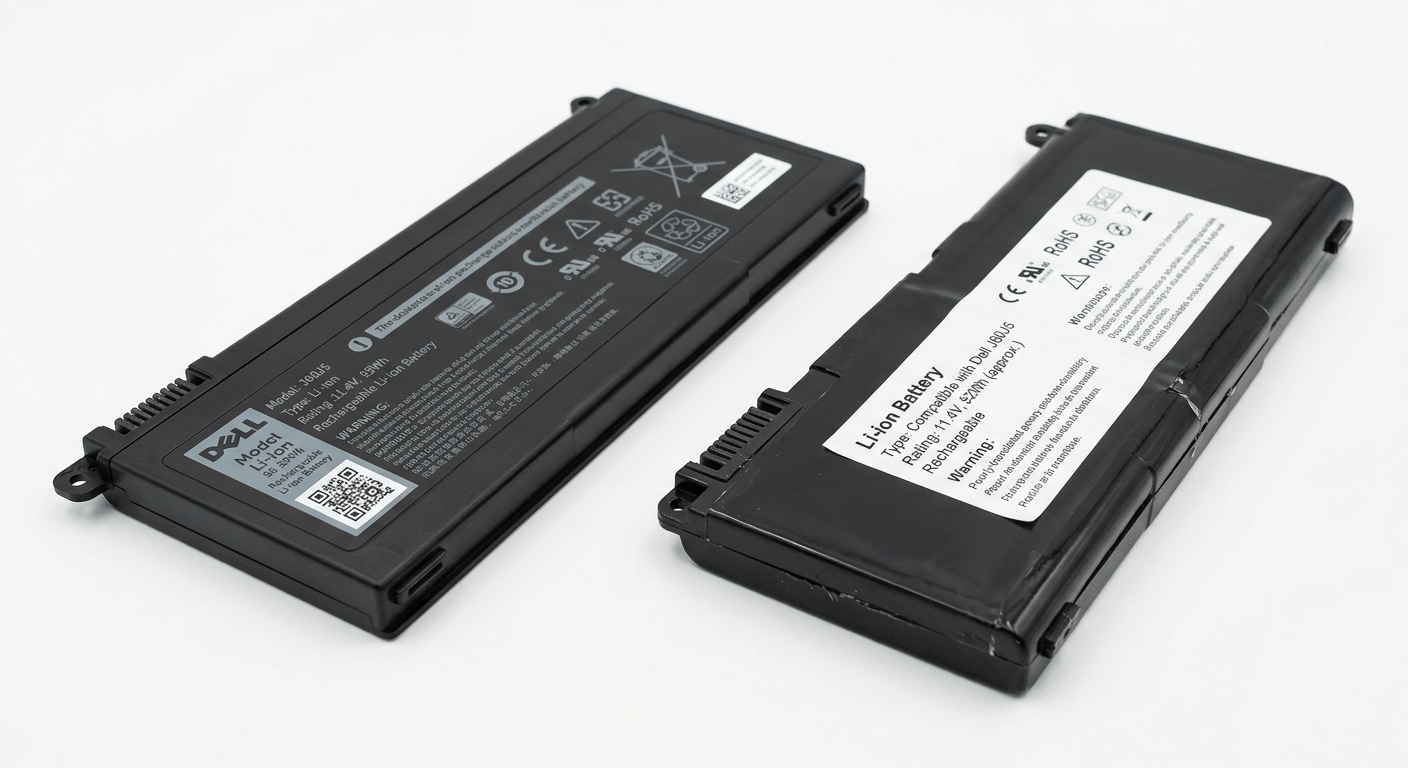 OEM battery vs aftermarket battery — side by side, labels visible, build quality differences apparent