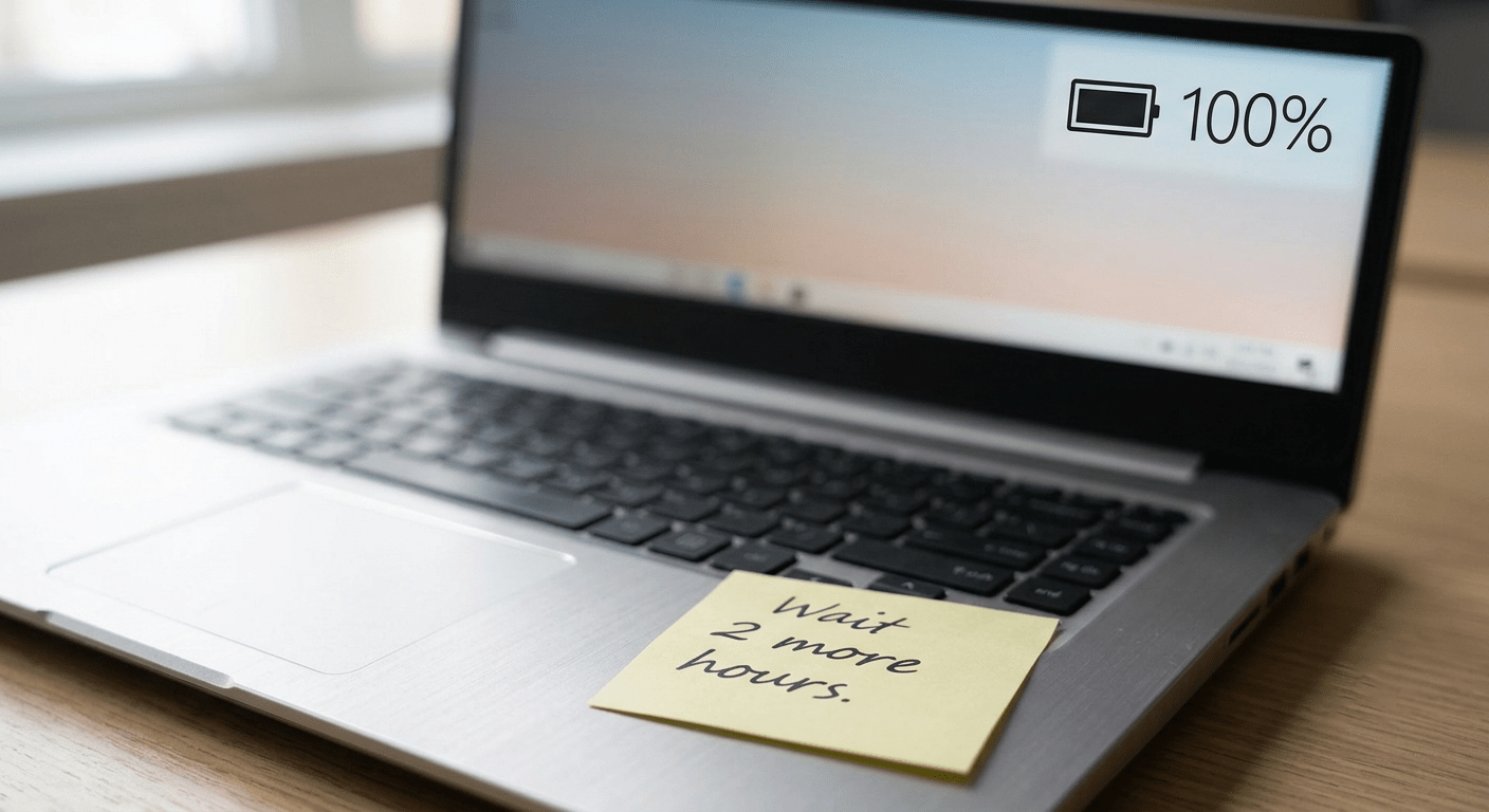 Laptop showing 100% charge — with a sticky note "Leave plugged in 2 more hours"