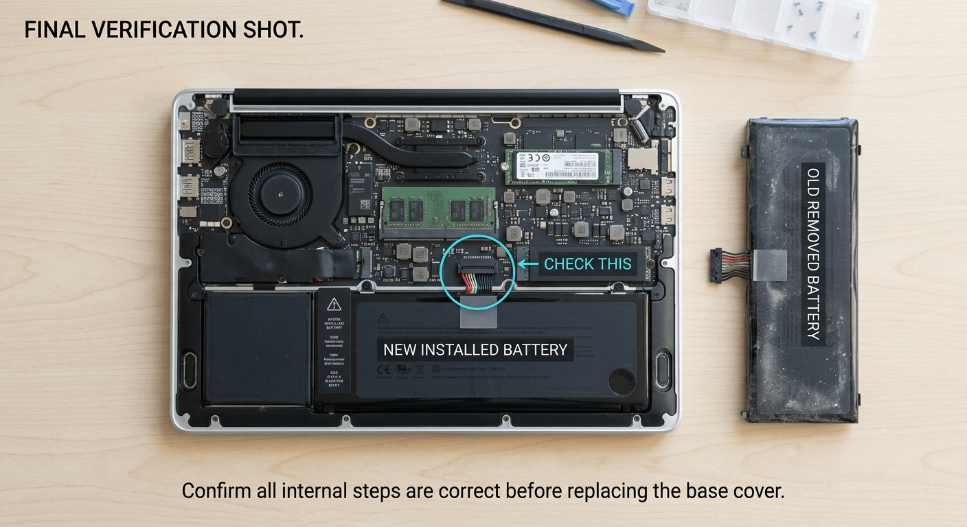 New battery installed in the laptop — screws in place, cable connected, ready to close