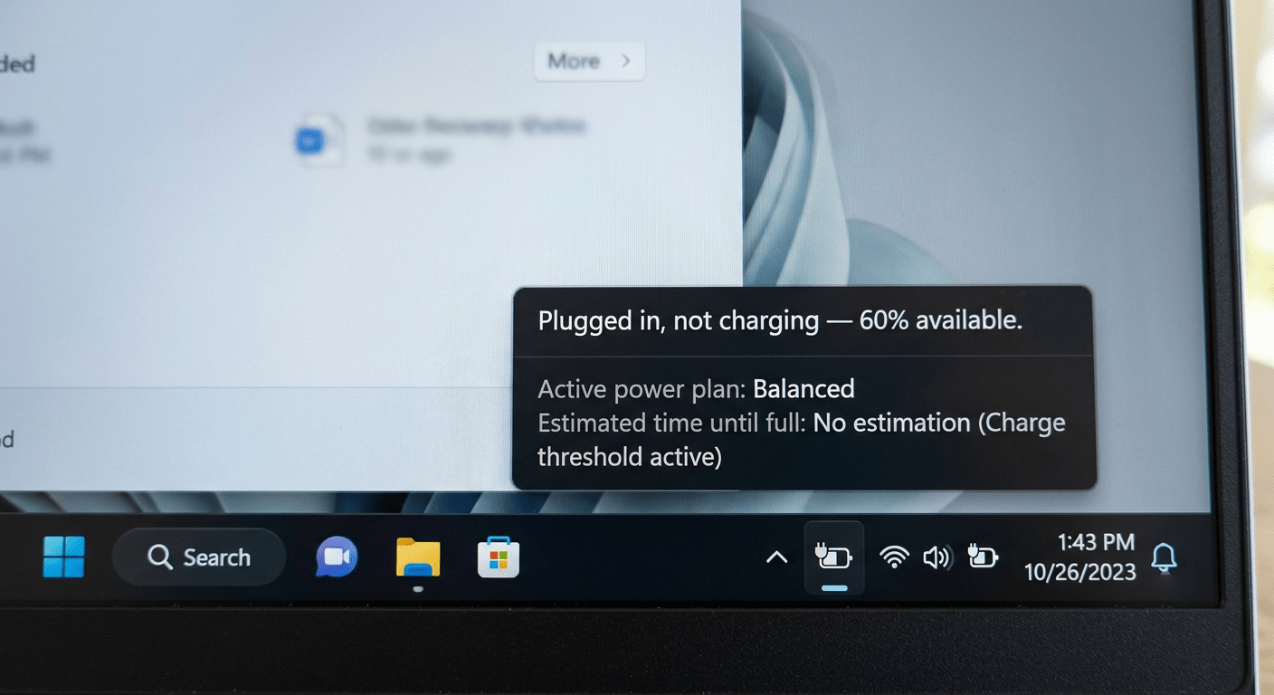 Windows system tray showing battery icon with "plugged in, not charging" status