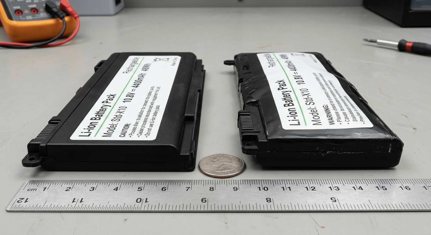 Visibly swollen laptop battery next to a normal battery — showing the bulging difference