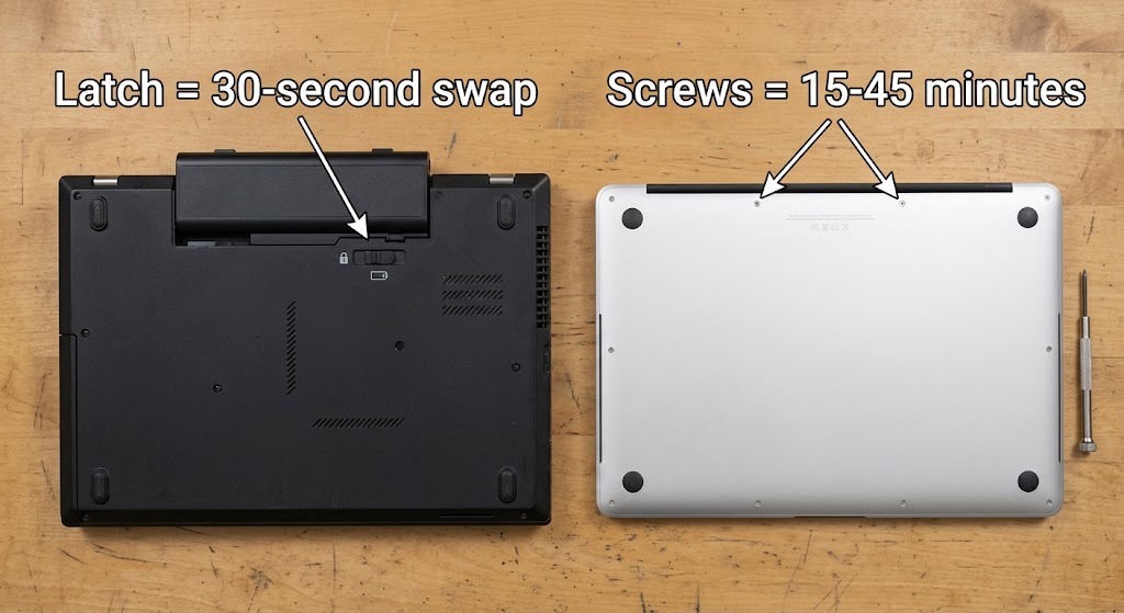 Two laptops side by side β left with visible external battery latch, right with sealed screw-down bottom panel