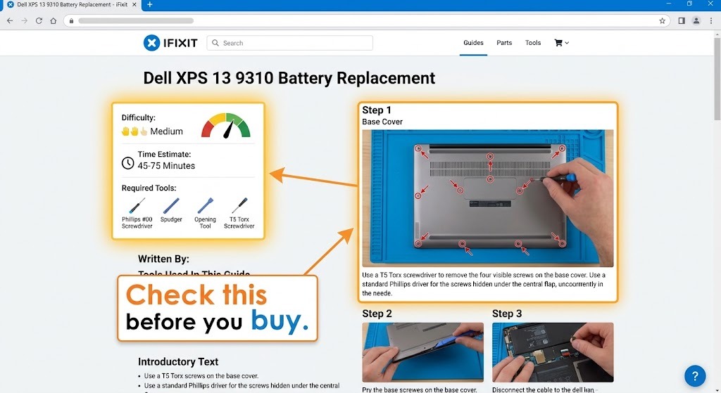 iFixit guide page for a laptop model β showing difficulty rating, time estimate, and step photos