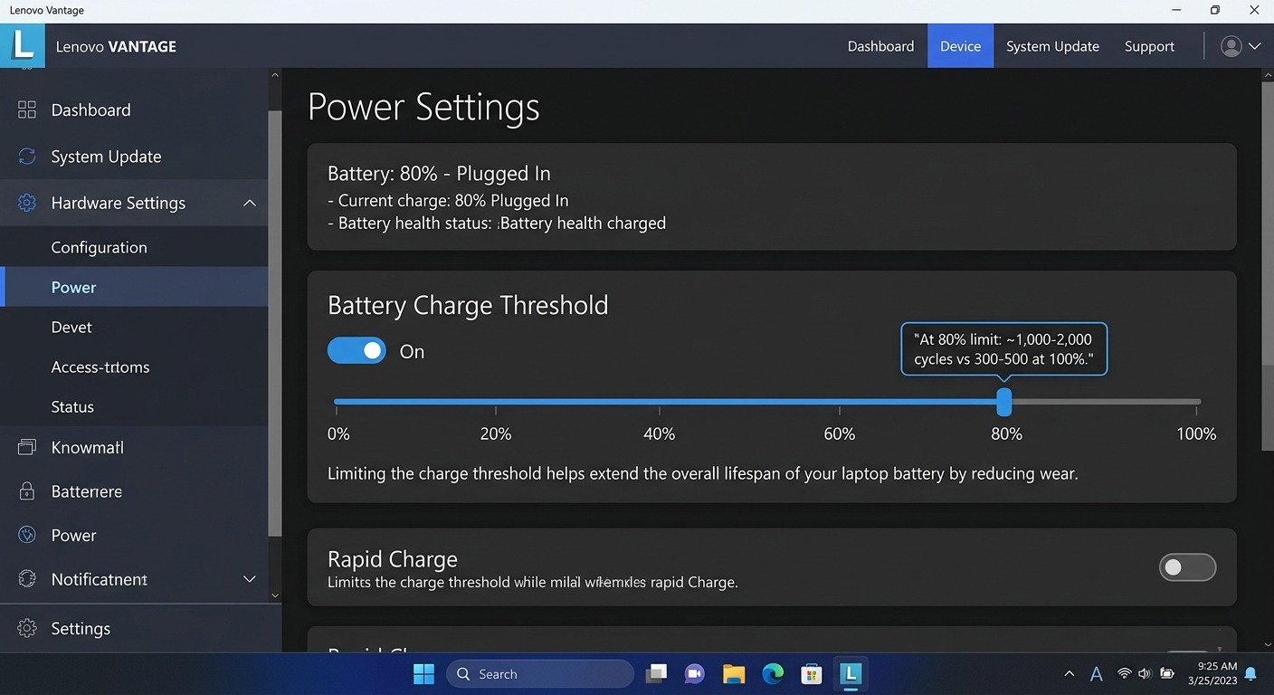 Lenovo Vantage battery settings screen — charge threshold slider set to 80%
