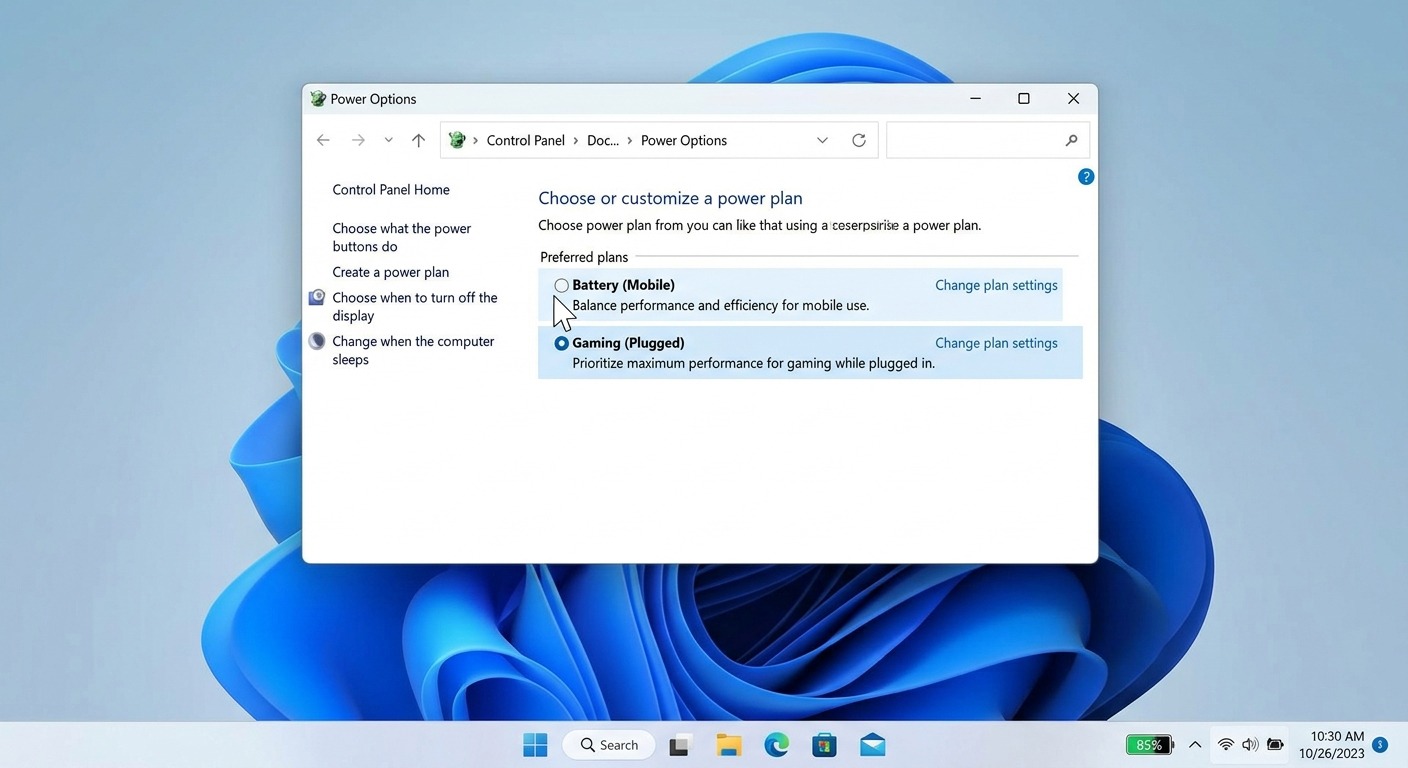 Windows power plan selector showing two custom profiles — "Gaming (Plugged)" and "Battery (Mobile)"