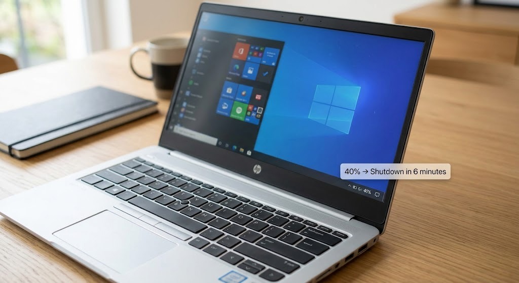 Laptop showing 40% battery — with a note that it shut down minutes later