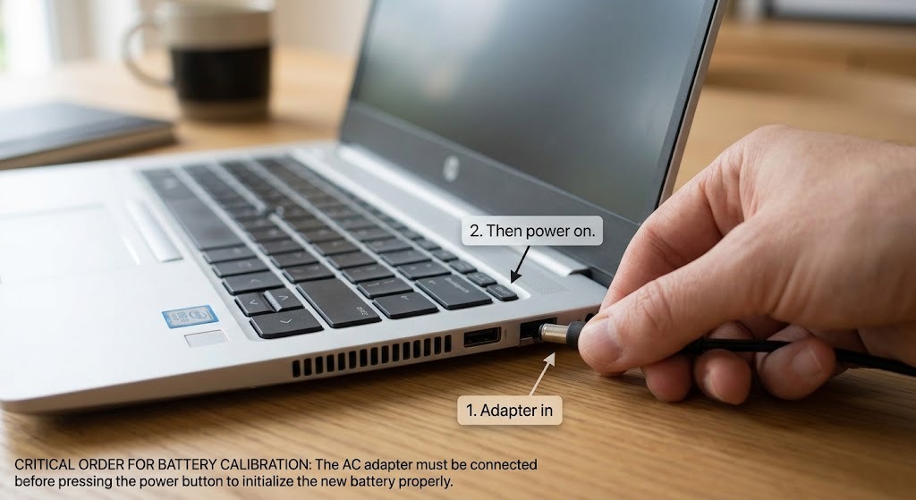 AC adapter plugged into laptop BEFORE pressing power — with the order annotated "1. Adapter, 2. Power"