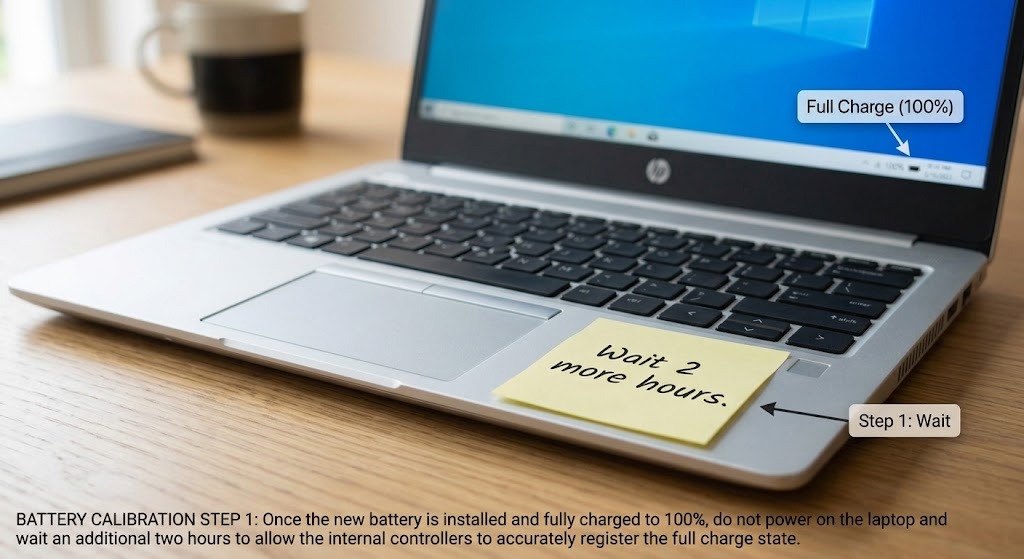 Battery at 100% with sticky note "Wait 2 more hours" — step 1 of calibration