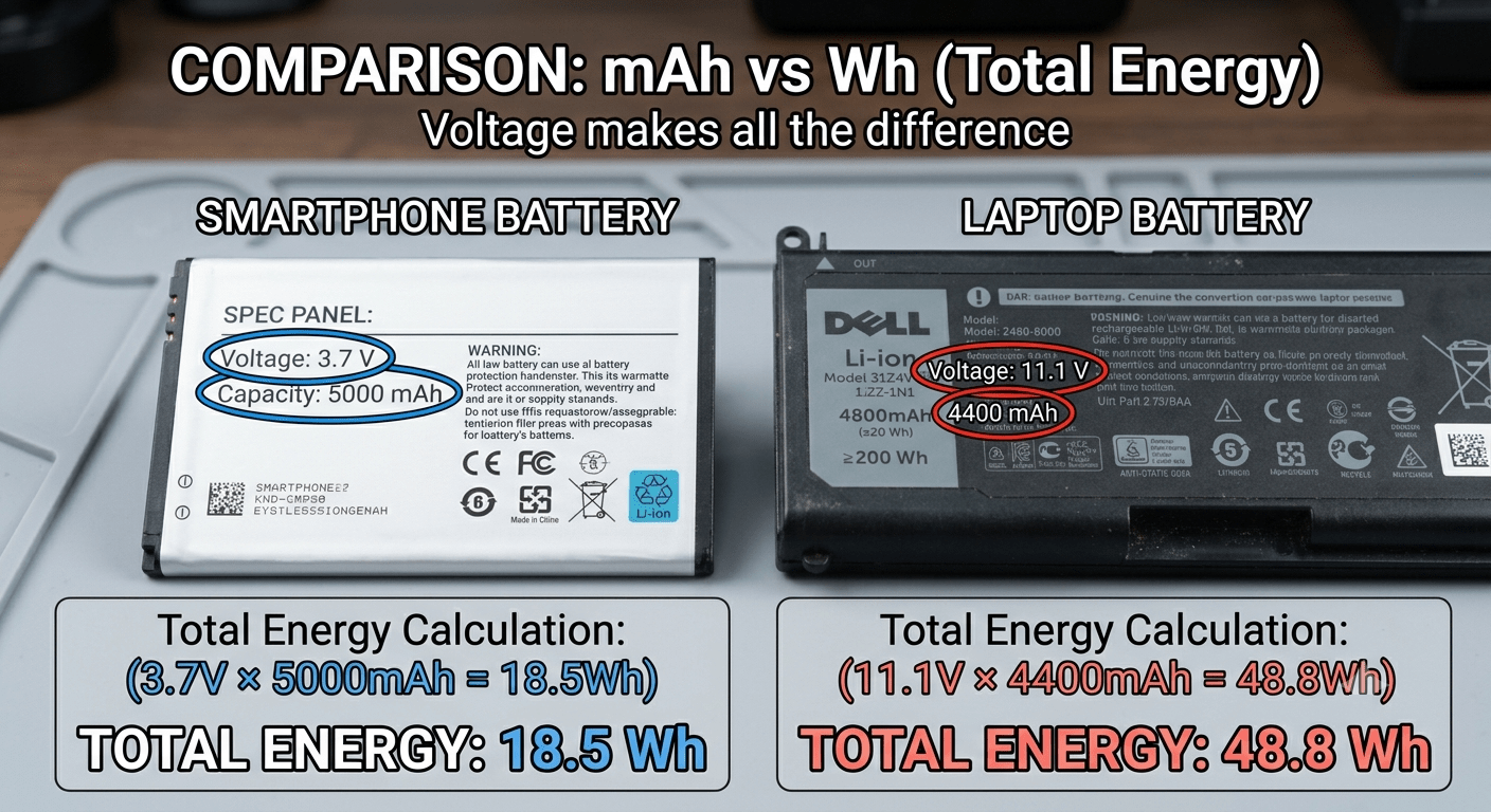 Side-by-side — phone battery (3.7V 5000mAh = 18.5Wh) vs laptop battery (11.1V 4400mAh = 48.8Wh)
