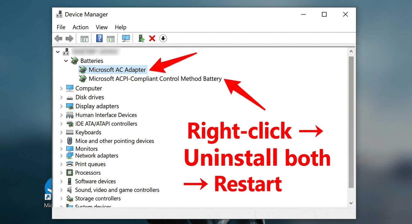 Device Manager with Batteries expanded — the two drivers to uninstall highlighted with arrows