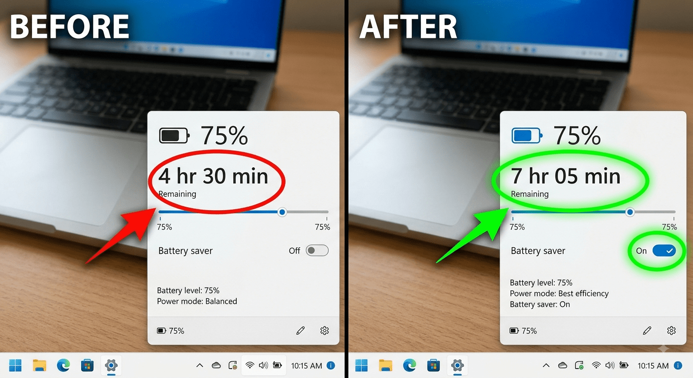 Windows battery saver toggle — before showing "4h 30min remaining" and after showing "7h 05min remaining"