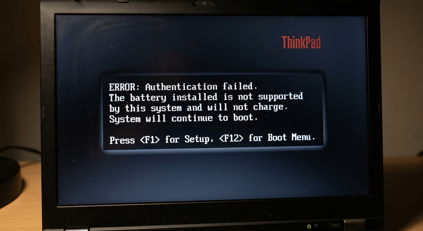 ThinkPad boot screen showing "The battery installed is not supported by this system" warning