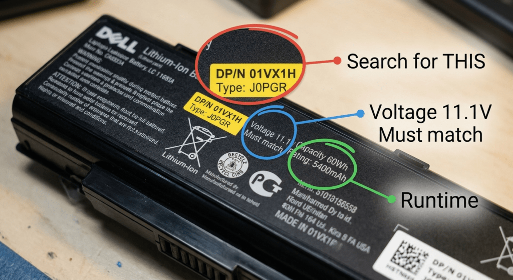 Annotated close-up of a laptop battery label — part number, voltage, and Wh each circled and labeled