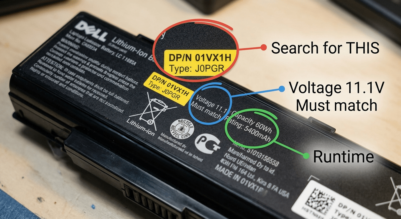 Annotated close-up of a laptop battery label — part number, voltage, and Wh each circled and labeled