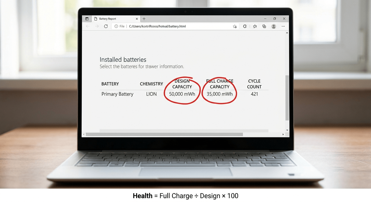 Screenshot of Windows battery report — Design Capacity and Full Charge Capacity circled in red