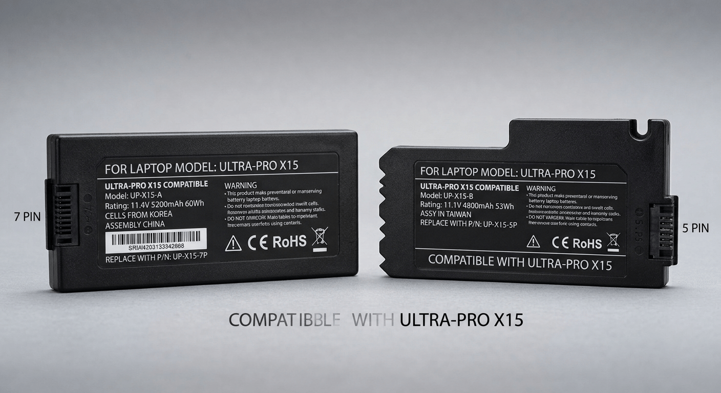 Two visually similar laptop batteries side by side — same laptop model, different connectors and shapes