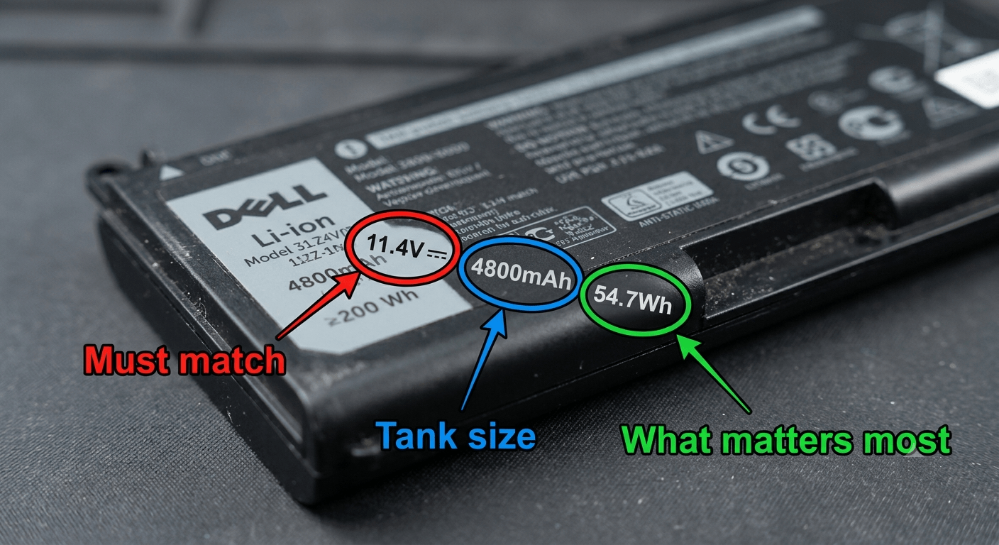 Annotated battery label — V, mAh, and Wh each circled with a different color