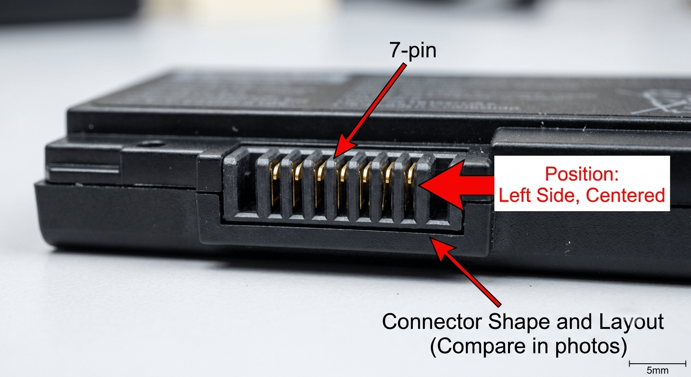 Close-up of a laptop battery connector — annotated to show pin count, shape, and position