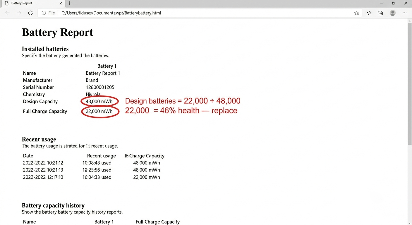 Battery report showing 22,000 mWh Full Charge vs 48,000 mWh Design — a clearly dead battery