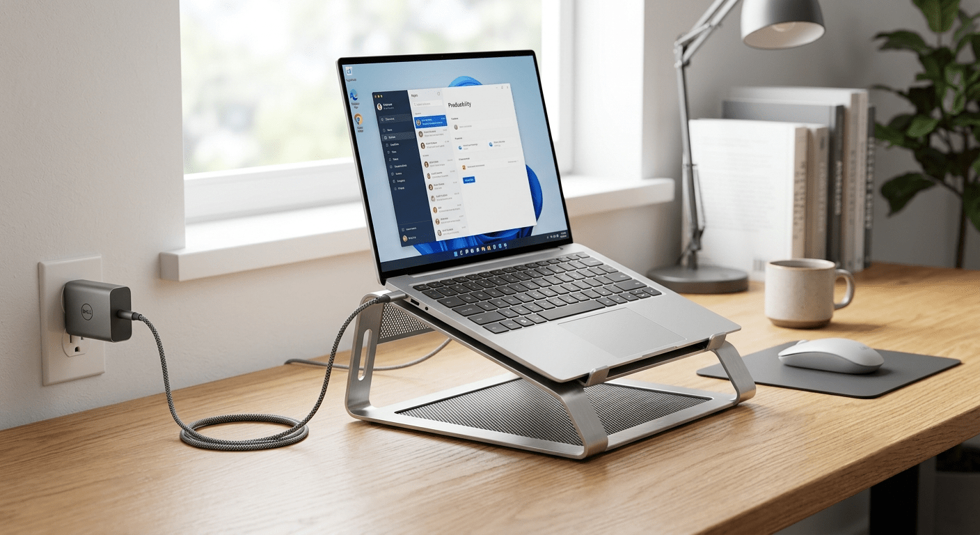 Laptop on a hard desk, on a stand, vents visible — the "correct" setup for long battery life
