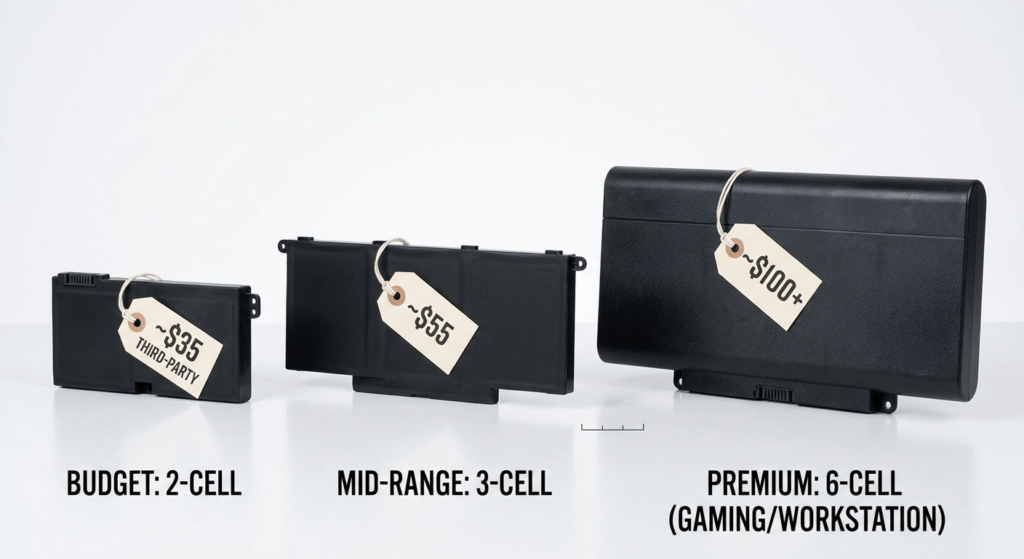 Three laptop batteries at different price points — budget, mid-range, and premium