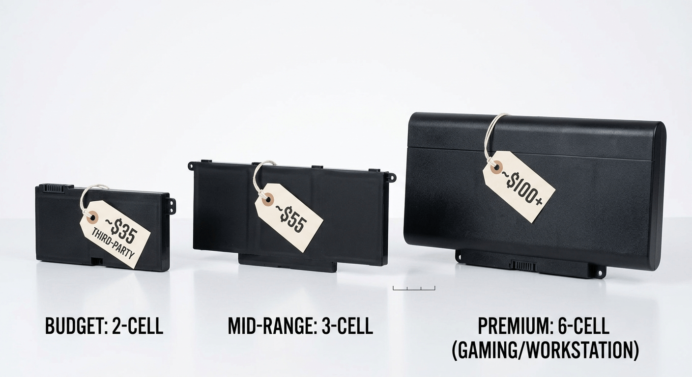 Three laptop batteries at different price points — budget, mid-range, and premium