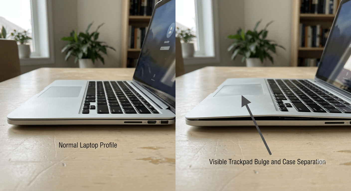 Normal laptop vs swollen — side-by-side from a low angle. Swollen one shows visible trackpad bulge and case gap.