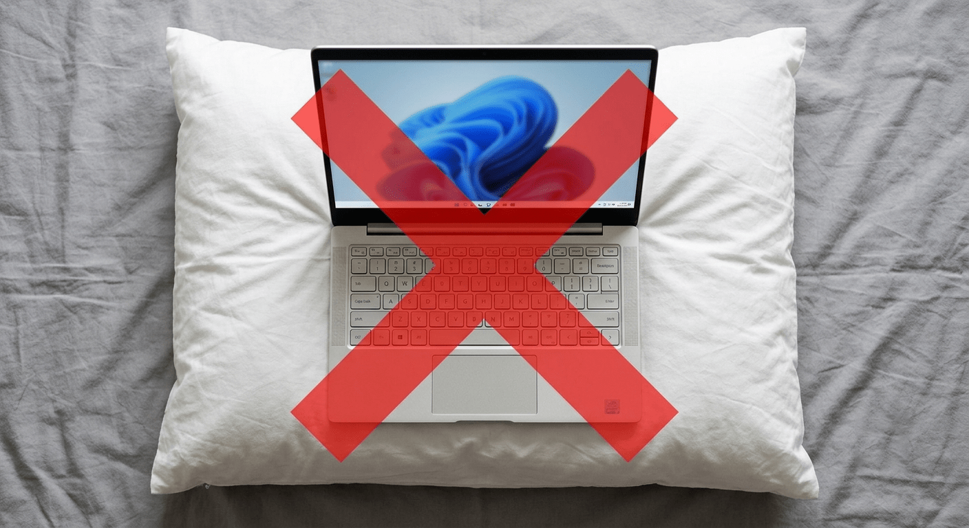 Laptop on a pillow — with a large red X overlay. Blocked vents = heat = dead battery.