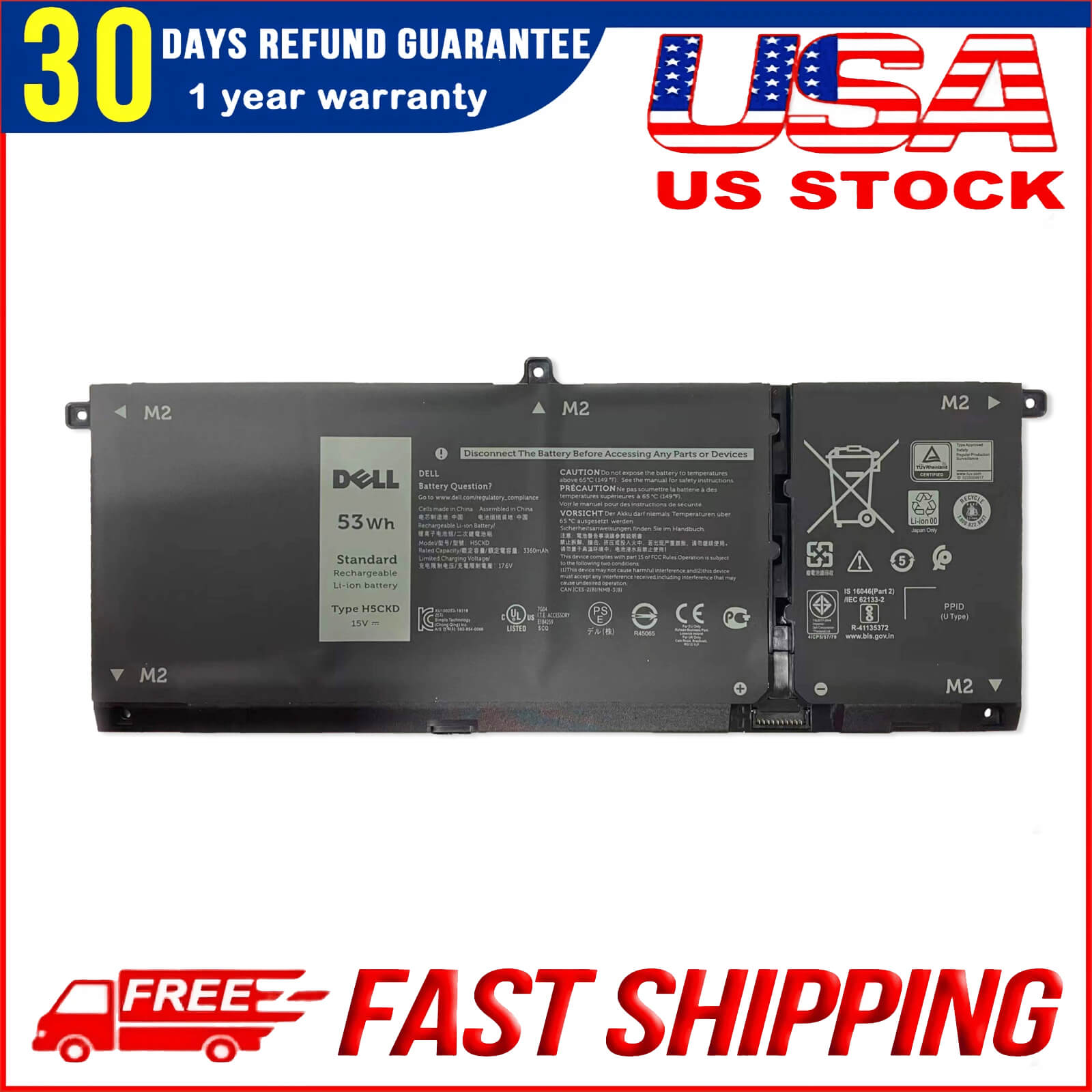 H5CKD 15V 53Wh Battery for Dell Inspiron 5400 5406 7405